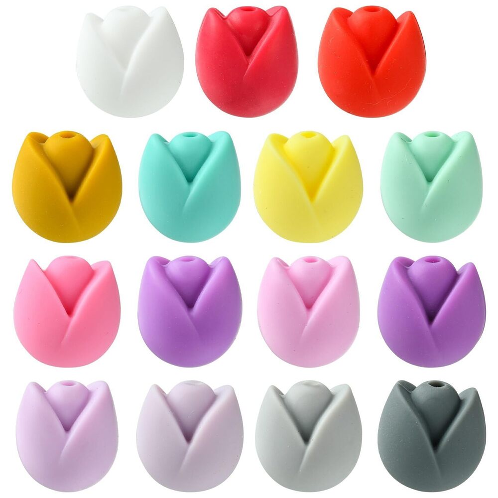 5994 30 pcs 15 Styles Tulip Flower Silicone Beads Spring Floral Loose